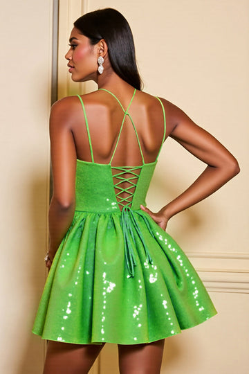 Sparkly Green A Line Sequins Halter Short Cocktail Dress